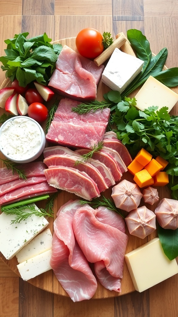 A variety of zero carb foods including meats, fish, cheeses, and leafy greens on a wooden table.